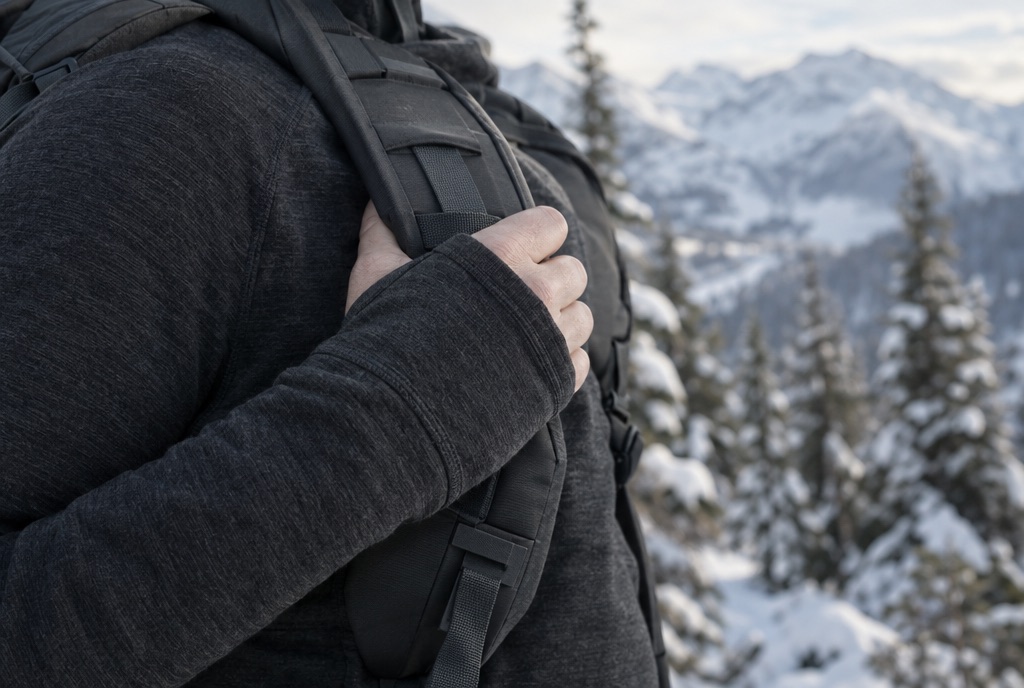 Nahaufnahme im Winterlicht: Der eng anliegende Ärmel eines dunklen Funktionsshirts reicht bis über den Handrücken, die Hand greift den Schultergurt eines Rucksacks, im Hintergrund verschneite Berge
