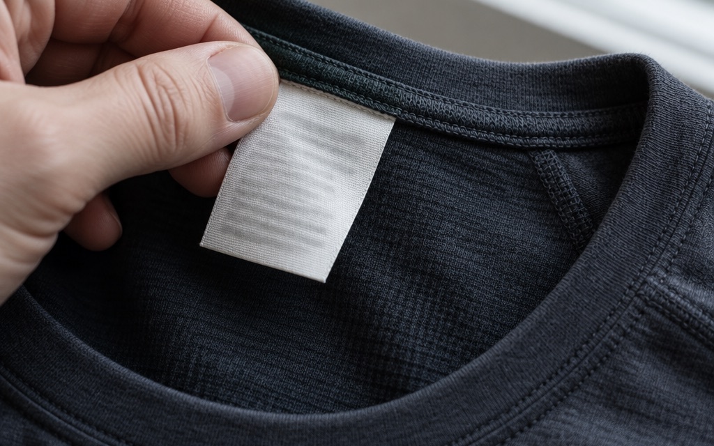 Nahaufnahme: Eine Hand hält das weiße Innenetikett am Kragen eines dunkelgrauen Funktionsshirts ins Tageslicht, die Strickstruktur des Stoffs ist deutlich zu erkennen