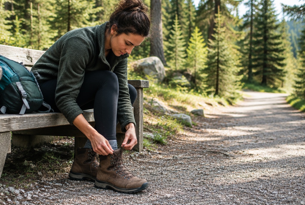 Person sitzt auf einer Bank am Wegrand und schnürt neue braune Wanderschuhe