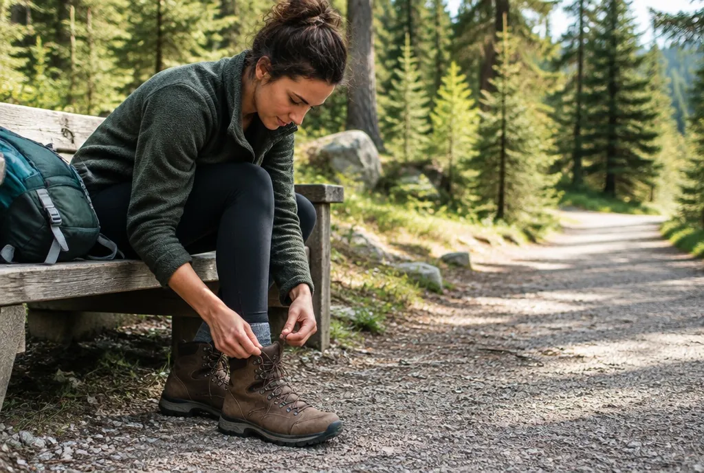 Person sitzt auf einer Bank am Wegrand und schnürt neue braune Wanderschuhe