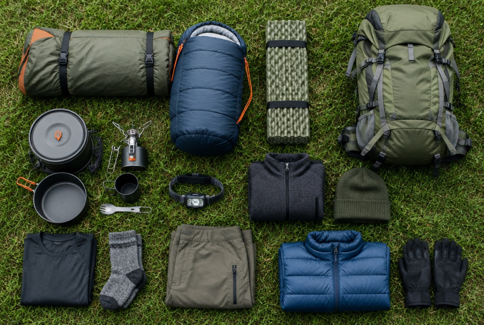 Übersicht von sauber ausgebreiteter Campingausrüstung auf einer Wiese, darunter Zelt, Schlafsack, Rucksack und Kochgeschirr
