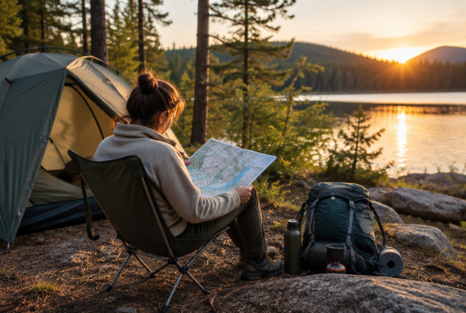 Person sitzt am Abend vor einem aufgebauten Zelt am See und plant mit einer Karte die Campingtour