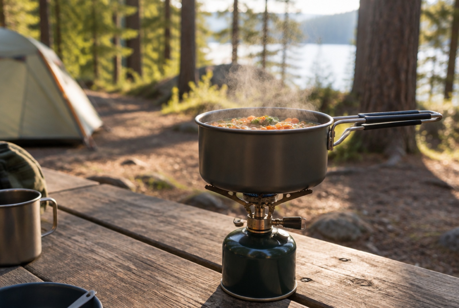 Kleiner Gaskocher mit einem Topf auf einem Holztisch an einem Waldcampingplatz
