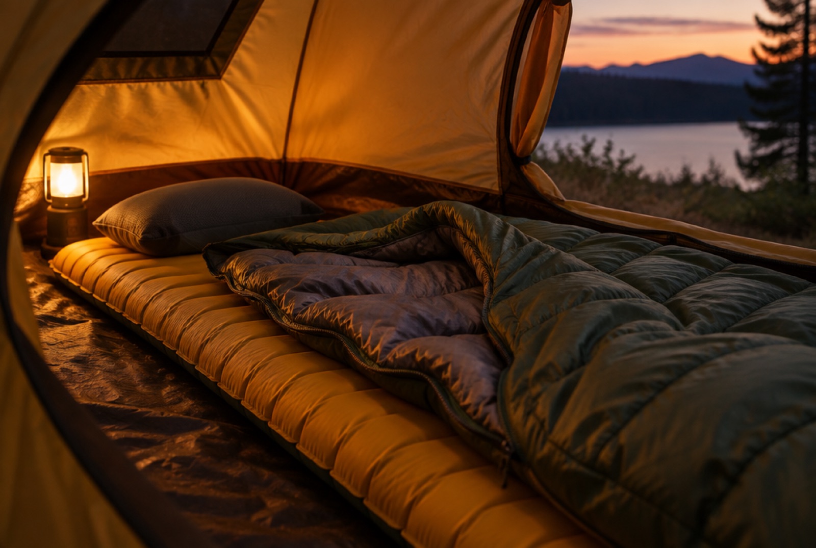 Isomatte mit ausgebreitetem Schlafsack und Kissen im Inneren eines Zelts am Abend