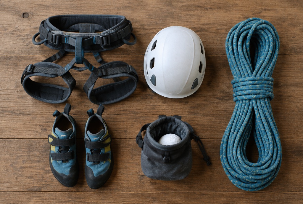 Kletterausrüstung wie Gurt, Helm, Kletterschuhe, Chalkbag und Seil ordentlich auf einem Tisch ausgebreitet