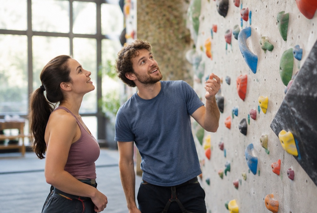 Person steht an der Wand einer Kletterhalle und blickt gemeinsam mit einem Trainer nach oben zu den Griffen