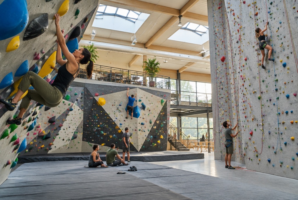 Weiter Blick in eine moderne Kletterhalle mit mehreren Personen an bunten Kletterwänden