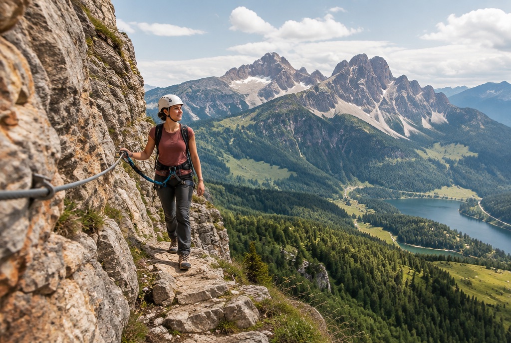 Wanderer mit Helm und Klettergurt geht an einem gesicherten Klettersteig entlang, im Hintergrund Berge