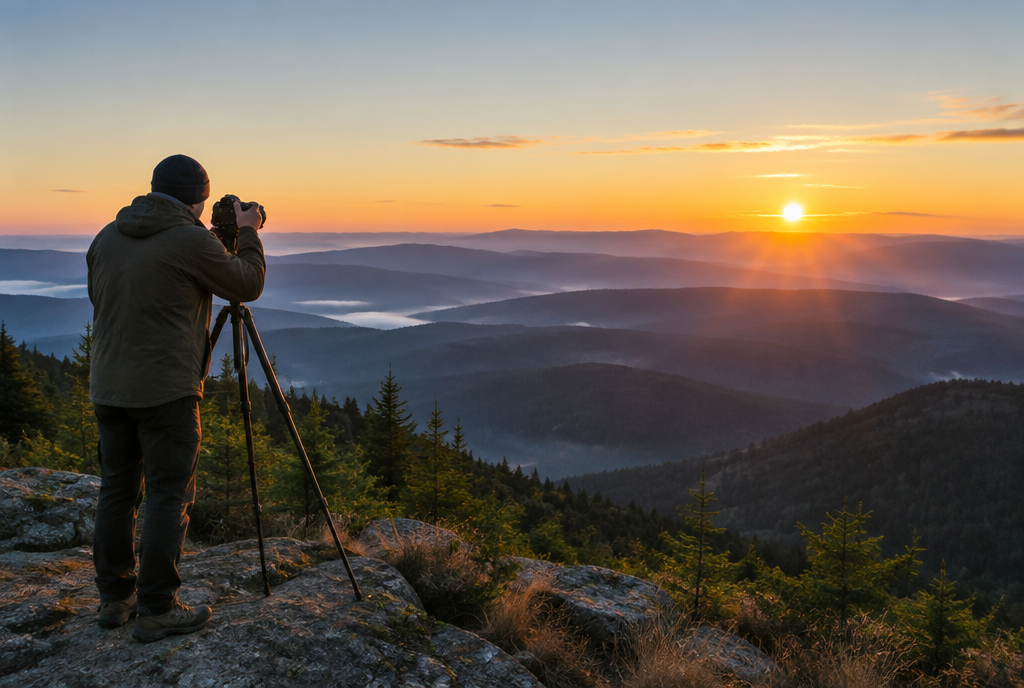 Fotografin mit Kamera und Stativ fotografiert einen Sonnenaufgang über einer Bergkette