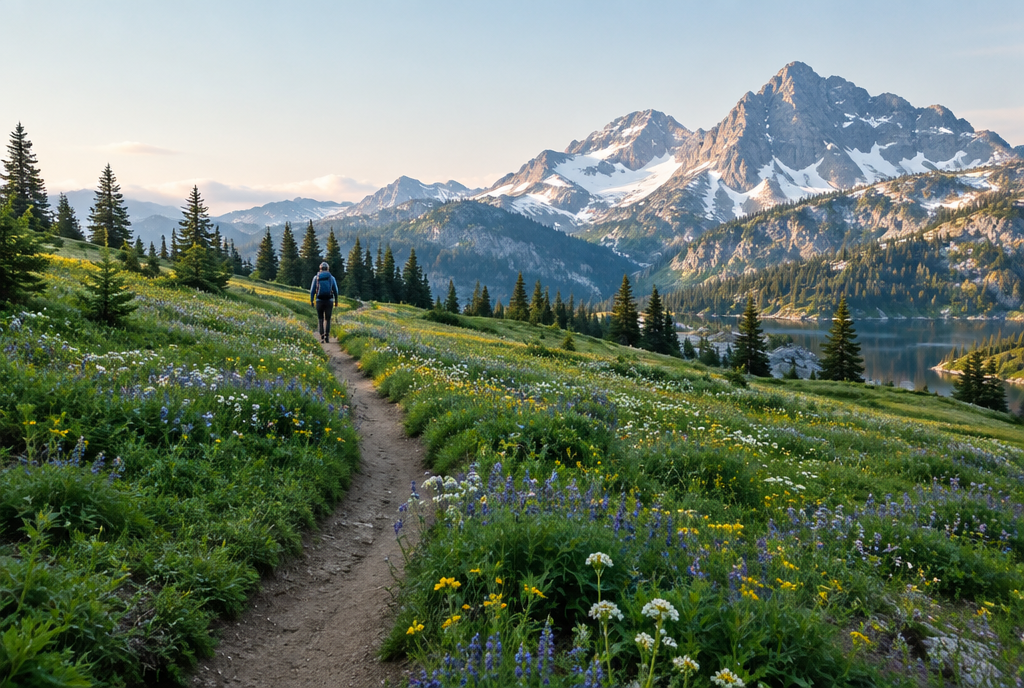 Unberührte Bergwiese mit Wildblumen und einer wandernden Person im Hintergrund auf dem markierten Weg