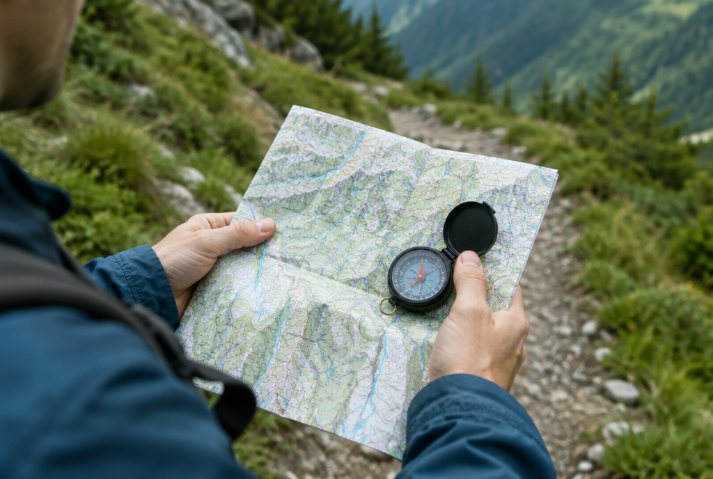 Nahaufnahme einer Wanderkarte und eines Kompasses in den Händen einer Person auf einem Bergpfad