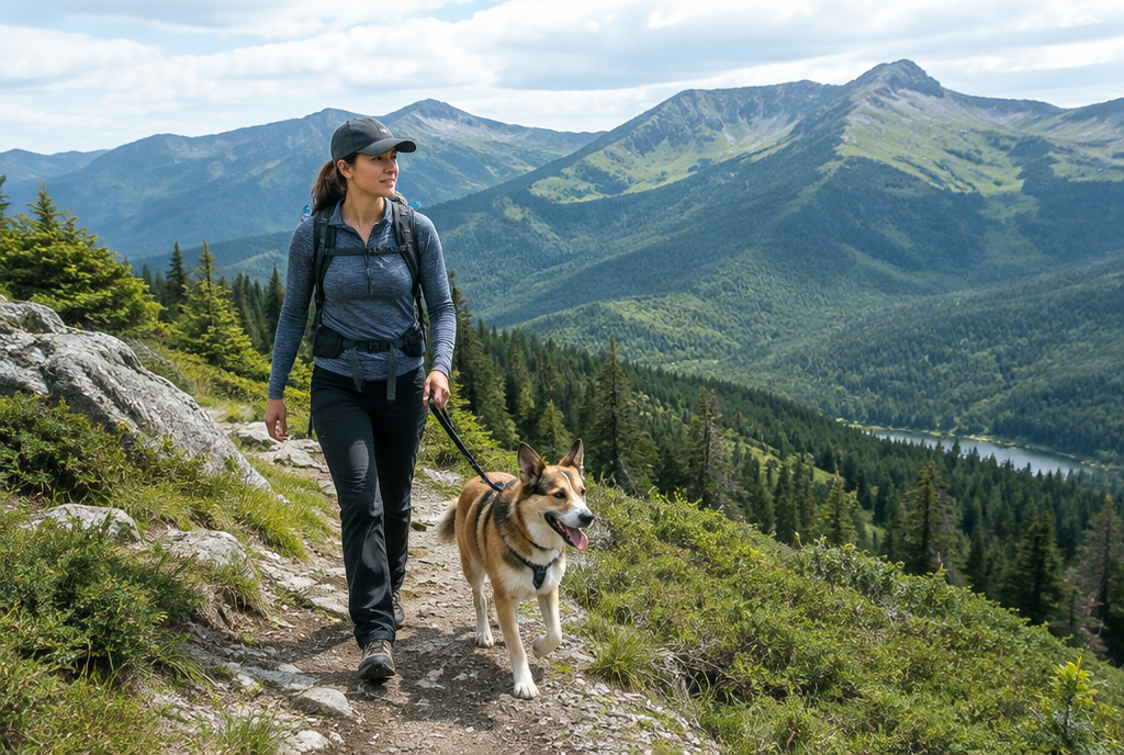 Wanderin geht mit angeleintem Hund über einen grünen Bergpfad