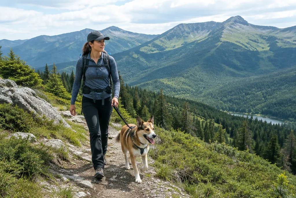 Wanderin geht mit angeleintem Hund über einen grünen Bergpfad