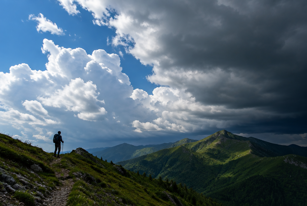 Dramatischer Wolkenhimmel über einem Bergkamm, im Vordergrund die Silhouette einer wandernden Person