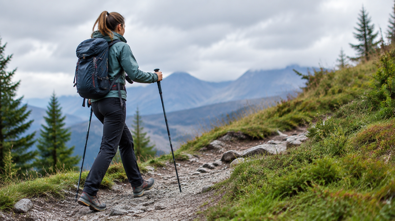 Wanderer mit Teleskop-Wanderstöcken in den Bergen