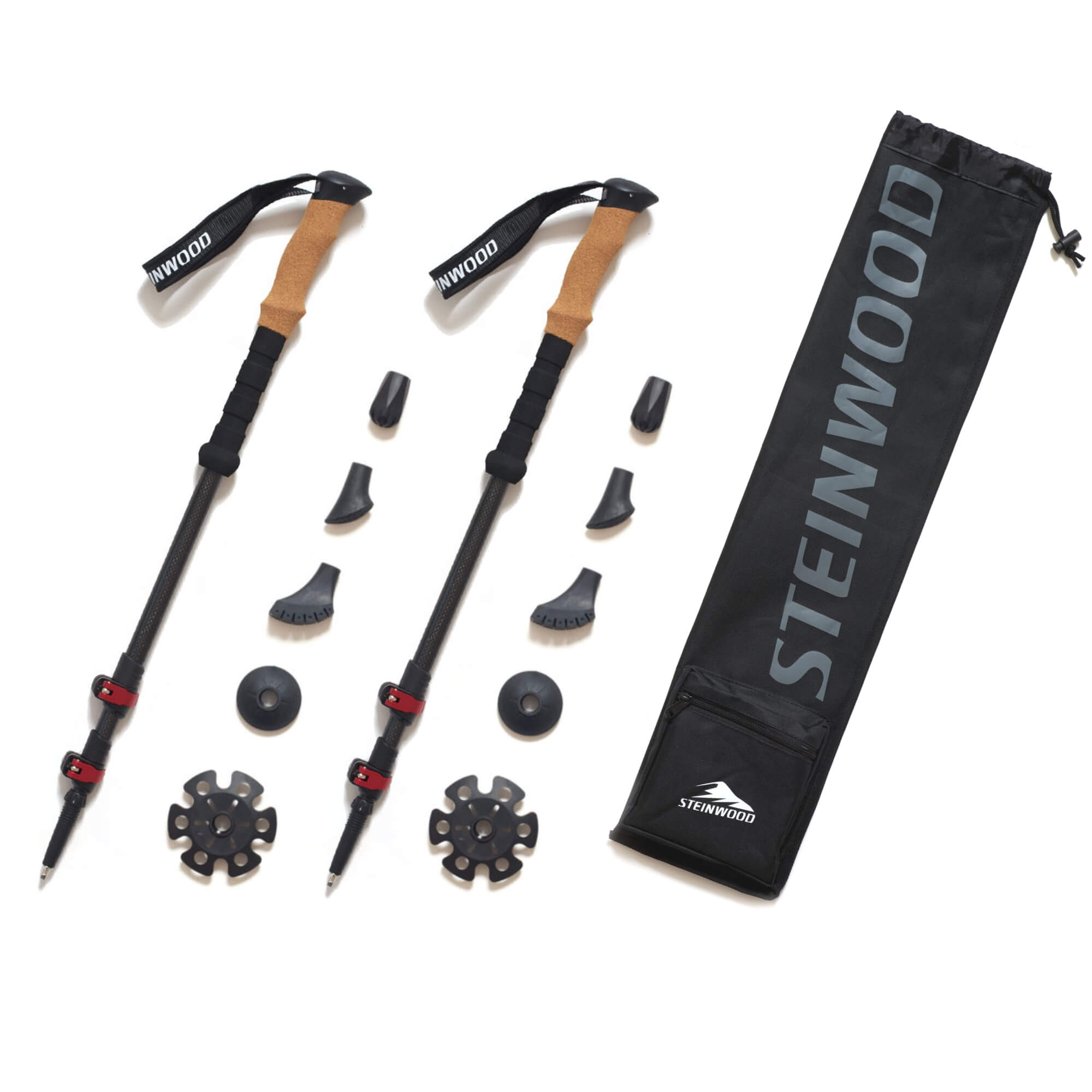 Steinwood 100% Carbon Wanderstöcke mit Korkgriff, Zubehör und Tragetasche