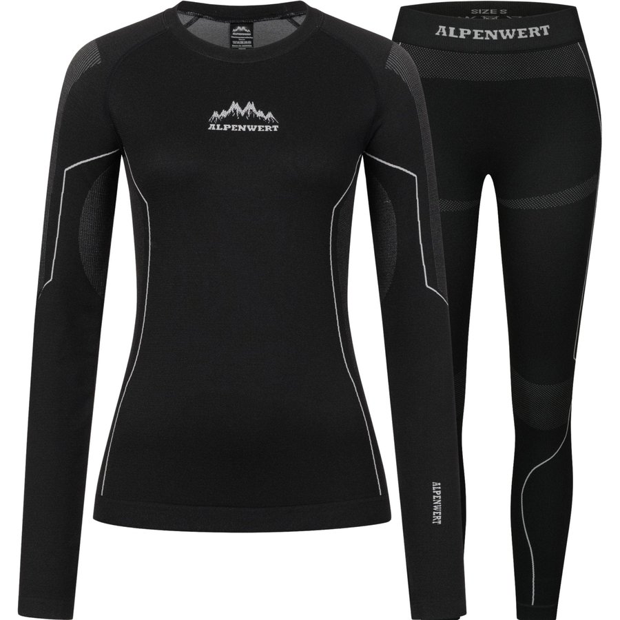 Thermounterwäsche-Set für Damen in Schwarz: langärmliges Oberteil mit Daumenloch und lange Hose