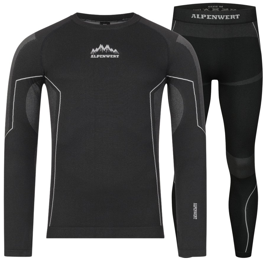 Thermounterwäsche-Set für Herren in Schwarz: langärmliges Oberteil mit Daumenloch und lange Hose