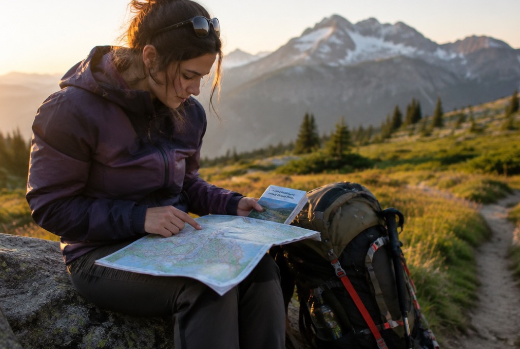 Wanderer sitzt am Wegrand und plant mit einer Karte eine mehrtägige Trekkingtour