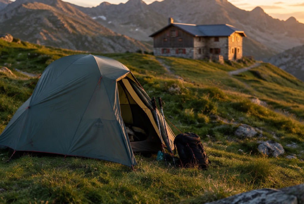 Kleines Zelt auf einer Alpwiese, im Hintergrund eine Berghütte am Hang