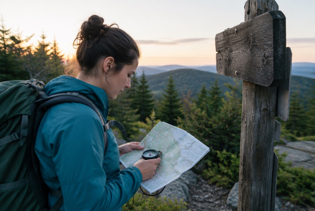 Wanderer liest eine Wanderkarte an einem Wegweiser im Morgenlicht