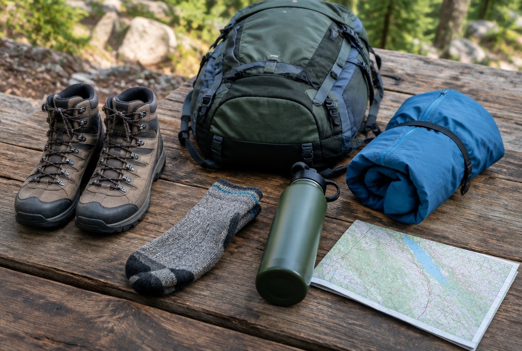 Ausgebreitete Wander-Grundausstattung mit Schuhen, Rucksack und Regenjacke auf Holztisch