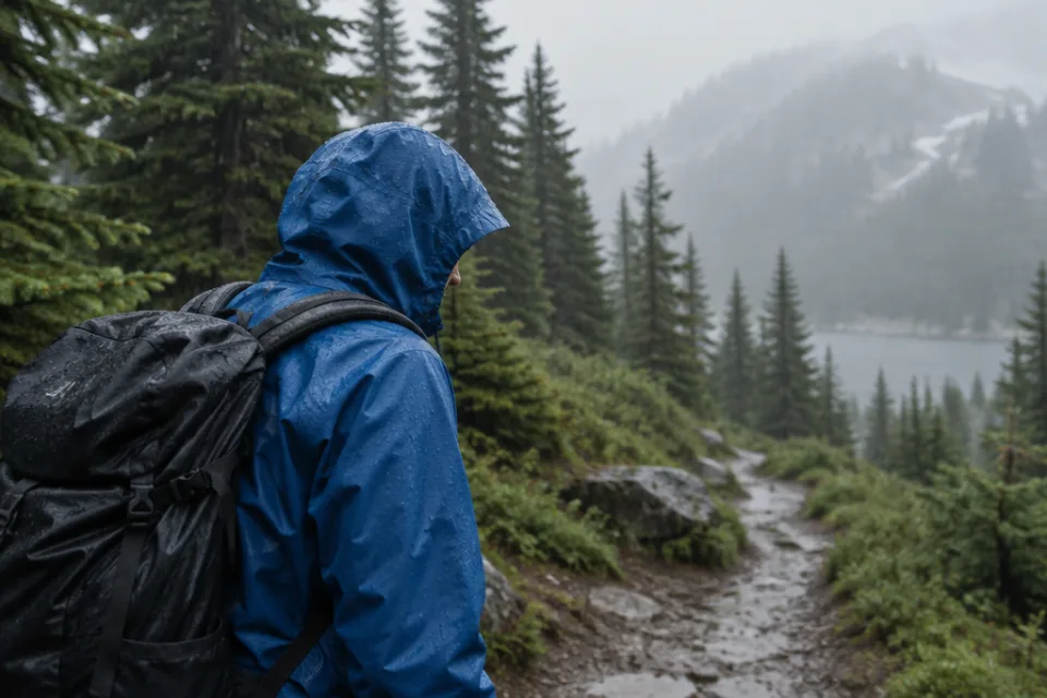 Person mit blauer Regenjacke mit Kapuze unterwegs im Regen