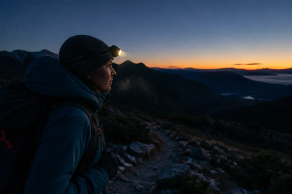 Wanderer mit eingeschalteter Stirnlampe in der Morgendämmerung auf einem Bergpfad
