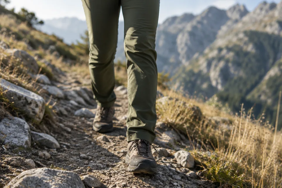 Olivgrüne Trekkinghose und Wanderschuhe beim Gehen auf einem steinigen Bergpfad