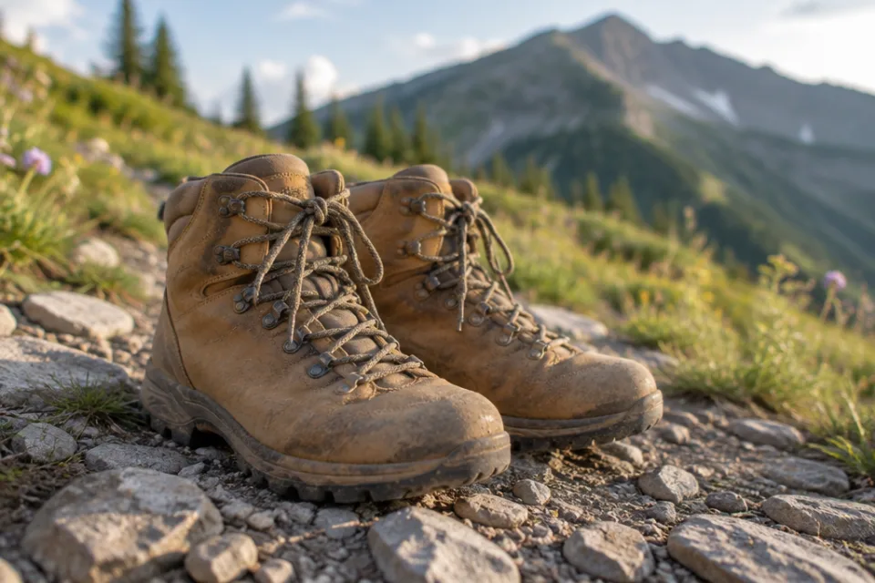 Paar eingelaufene Mid-Cut-Wanderschuhe aus Leder auf einem steinigen Bergpfad