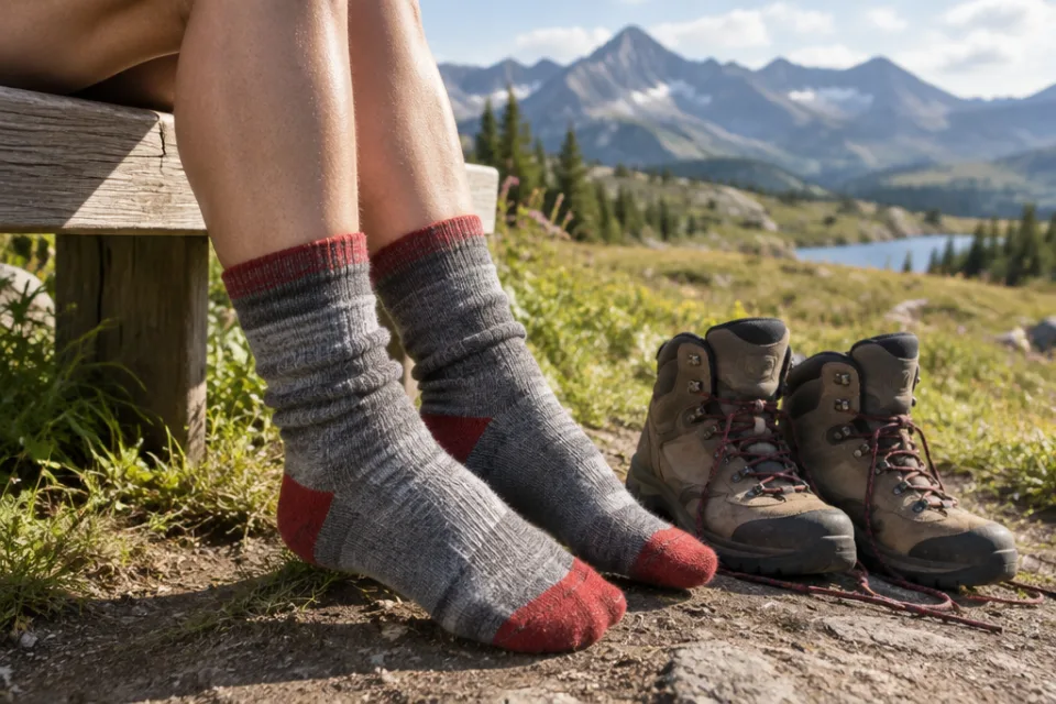 Füße in dicken Wandersocken auf einer Bank am Wegrand, daneben abgestellte Wanderschuhe
